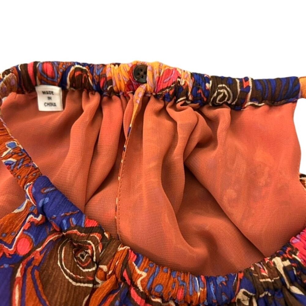 ALC Cory Dress 8 Terracotta Paisley Silk High Neck Smocked Waist Tiered Mini - Picture 13 of 15